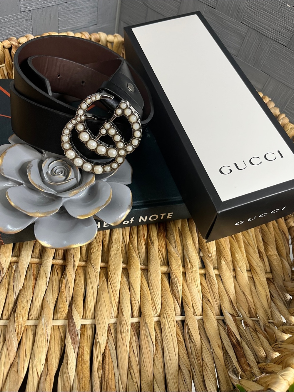 Black Leather Belt with Pearl-Embellished Double G Buckle